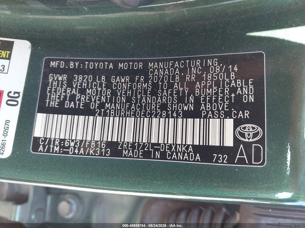 2T1BURHE0EC228143 2014 TOYOTA COROLLA photo no. 9