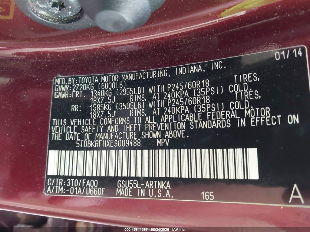 5TDBKRFHXES009488 2014 TOYOTA HIGHLANDER photo no. 9