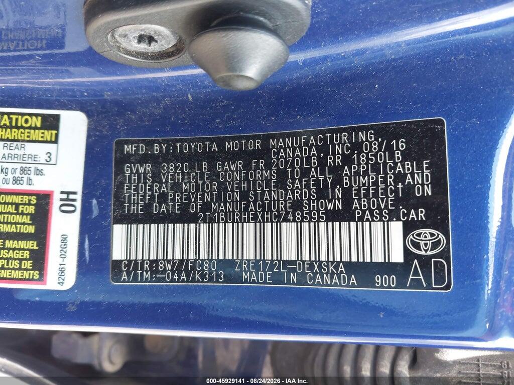 2T1BURHEXHC748595 2017 TOYOTA COROLLA photo no. 9
