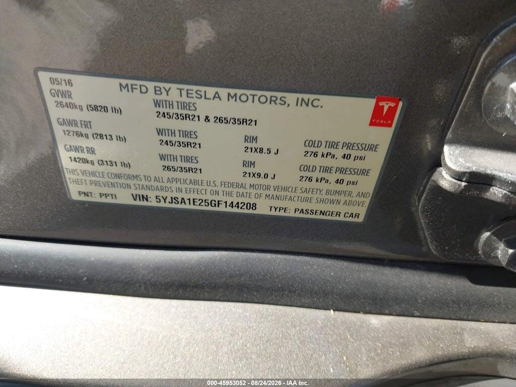 5YJSA1E25GF144208 2016 TESLA MODEL S photo no. 9