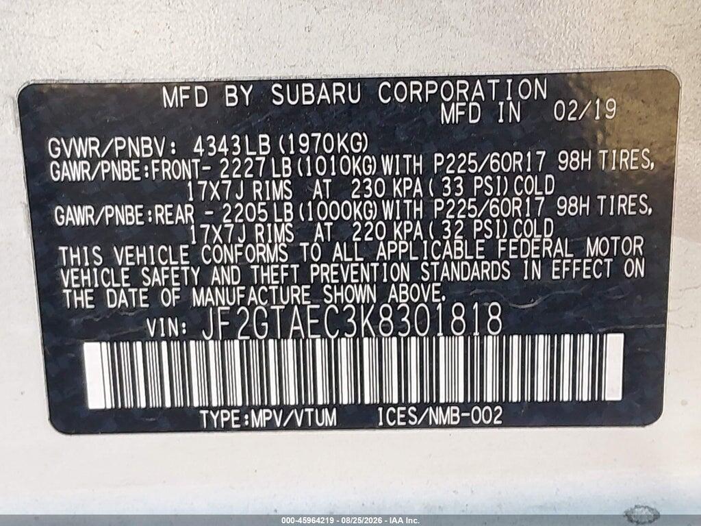JF2GTAEC3K8301818 2019 SUBARU CROSSTREK photo no. 9