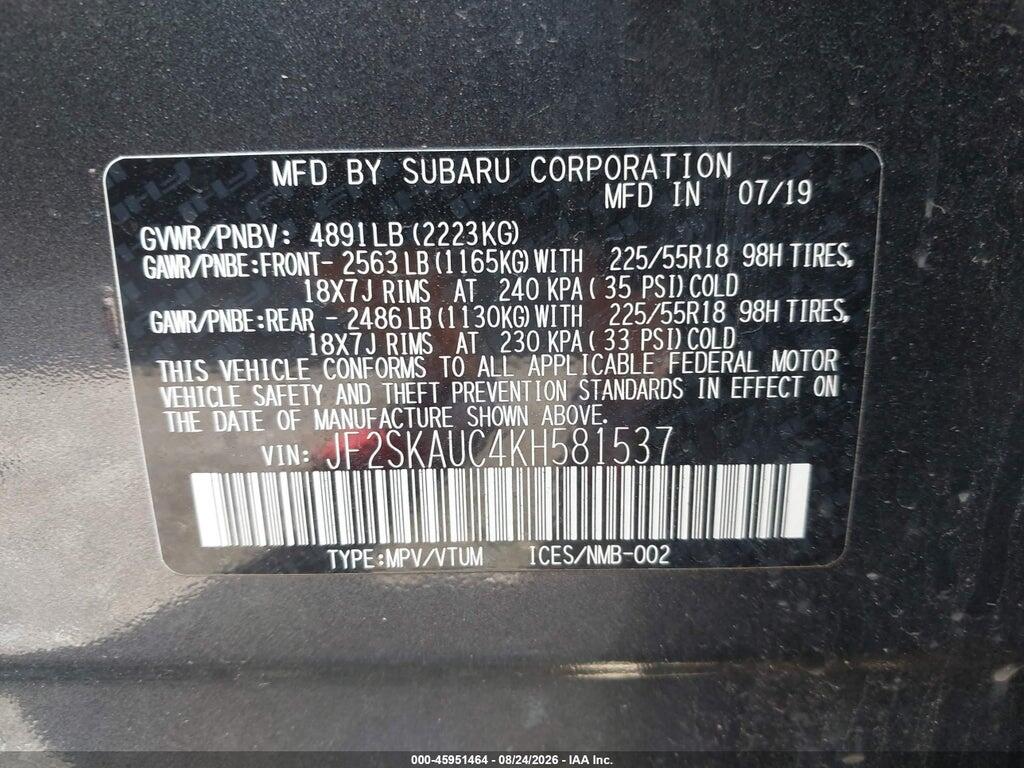 JF2SKAUC4KH581537 2019 SUBARU FORESTER photo no. 9