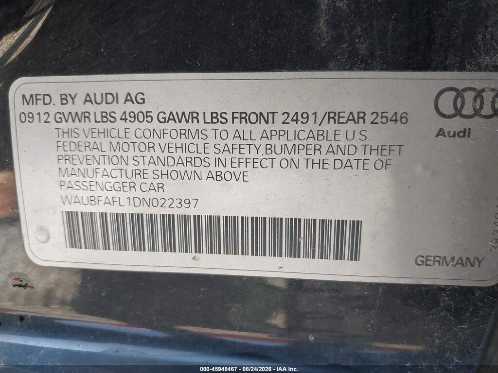 WAUBFAFL1DN022397 2013 AUDI A4 photo no. 9