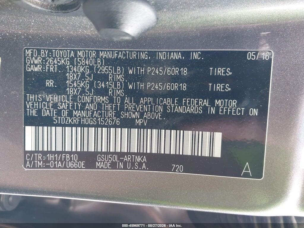 5TDZKRFH0GS152676 2016 TOYOTA HIGHLANDER photo no. 9