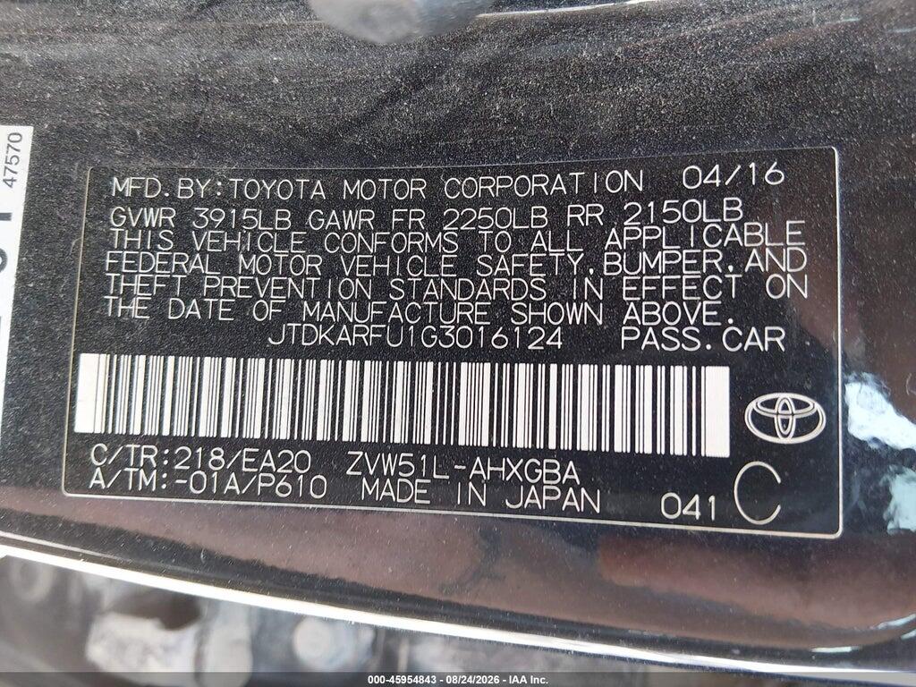 JTDKARFU1G3016124 2016 TOYOTA PRIUS photo no. 9