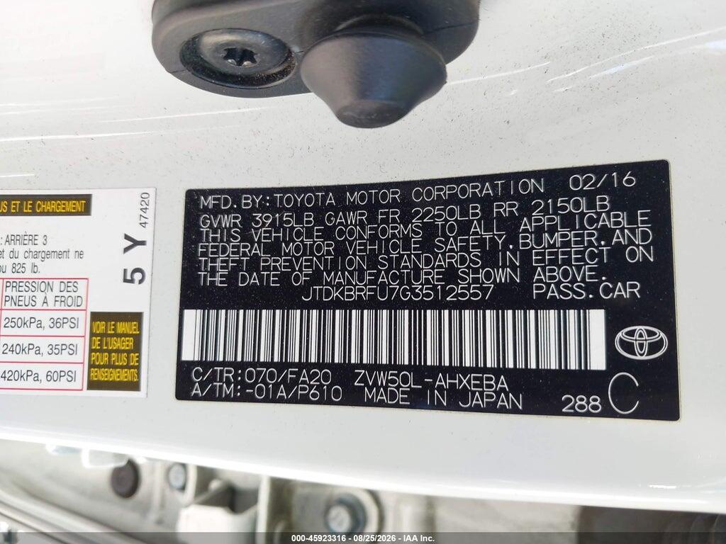 JTDKBRFU7G3512557 2016 TOYOTA PRIUS photo no. 9