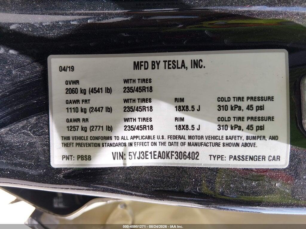 5YJ3E1EA0KF306402 2019 TESLA MODEL 3 photo no. 9