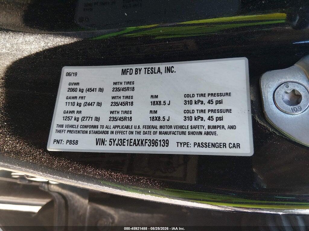5YJ3E1EAXKF396139 2019 TESLA MODEL 3 photo no. 9