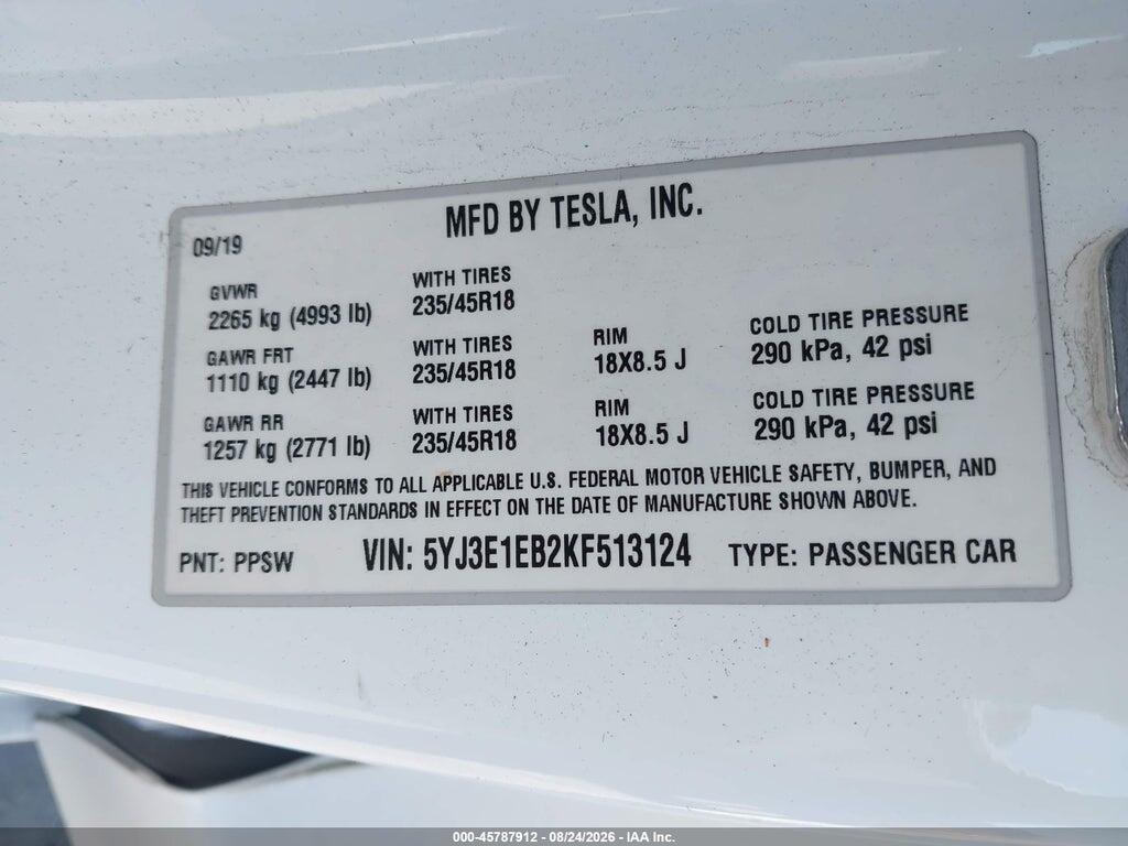5YJ3E1EB2KF513124 2019 TESLA MODEL 3 photo no. 9