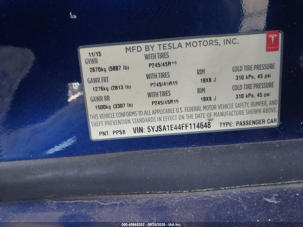 5YJSA1E44FF114648 2015 TESLA MODEL S photo no. 9