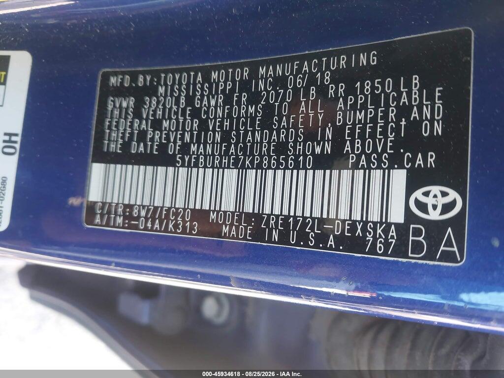 5YFBURHE7KP865610 2019 TOYOTA COROLLA photo no. 9
