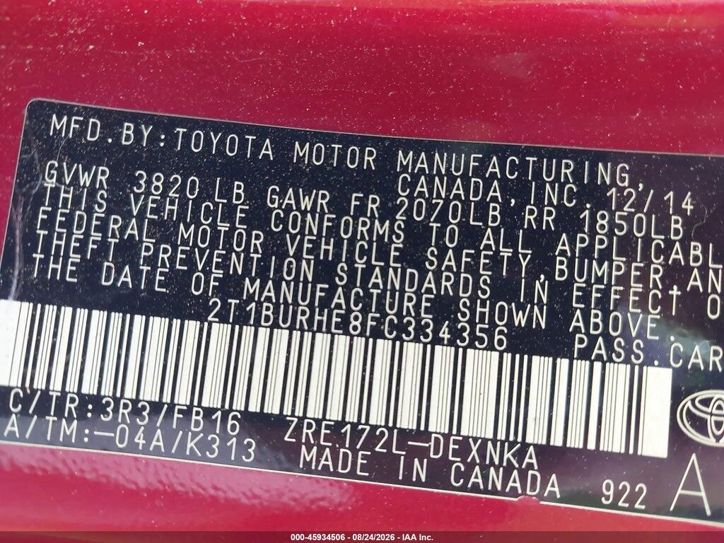 2T1BURHE8FC334356 2015 TOYOTA COROLLA photo no. 9