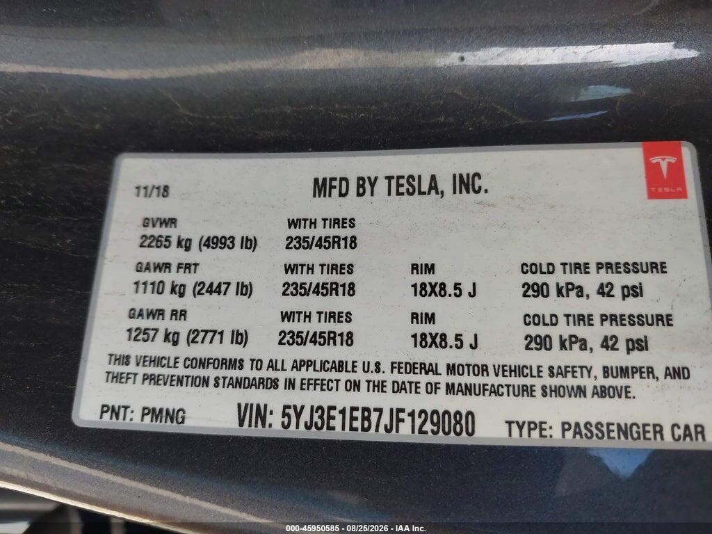 5YJ3E1EB7JF129080 2018 TESLA MODEL 3 photo no. 9