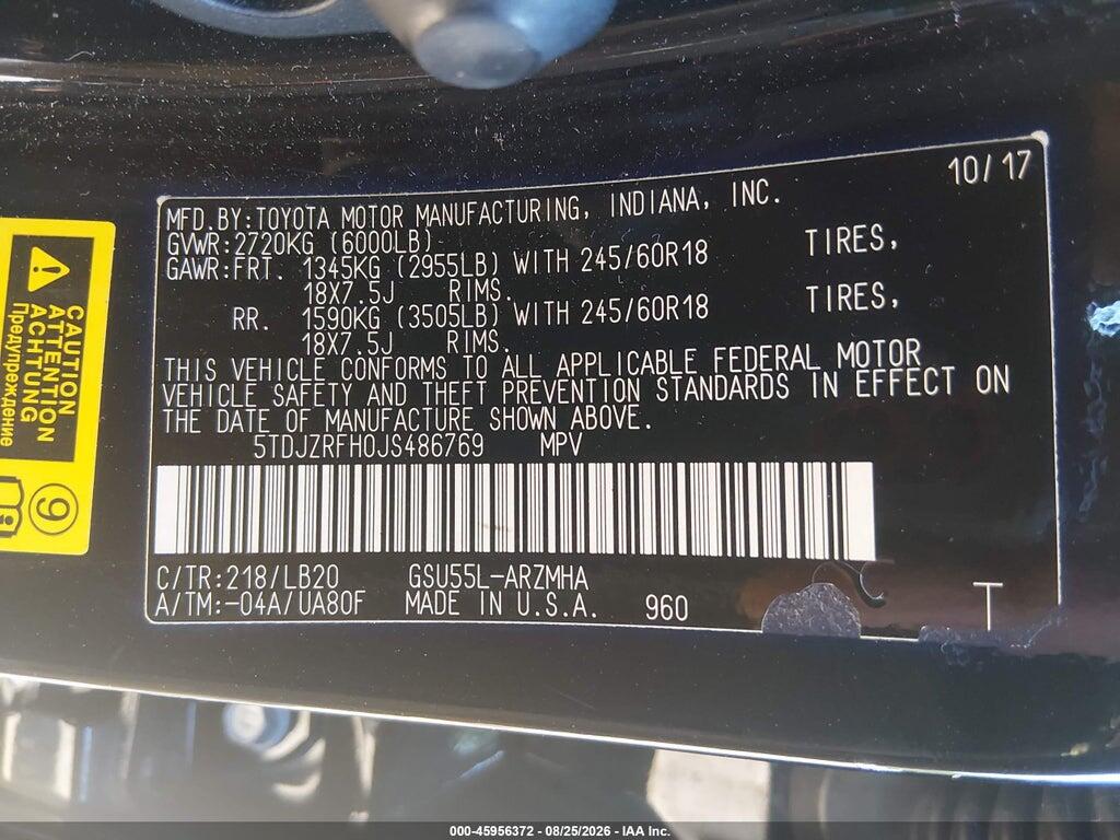 5TDJZRFH0JS486769 2018 TOYOTA HIGHLANDER photo no. 9