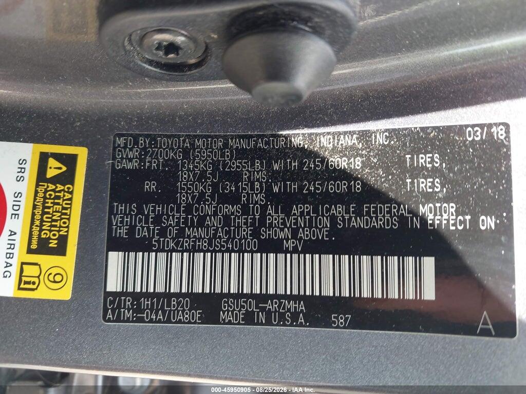 5TDKZRFH8JS540100 2018 TOYOTA HIGHLANDER photo no. 9