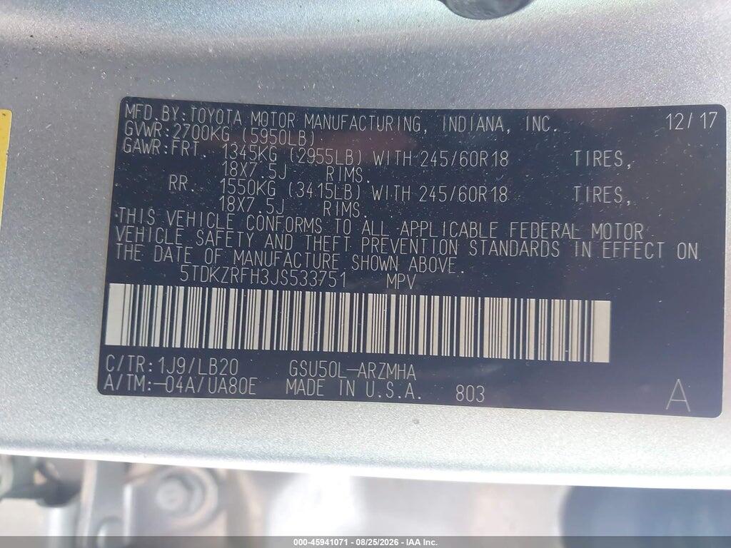 5TDKZRFH3JS533751 2018 TOYOTA HIGHLANDER photo no. 9