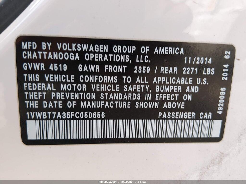 1VWBT7A35FC050656 2015 VOLKSWAGEN PASSAT photo no. 9