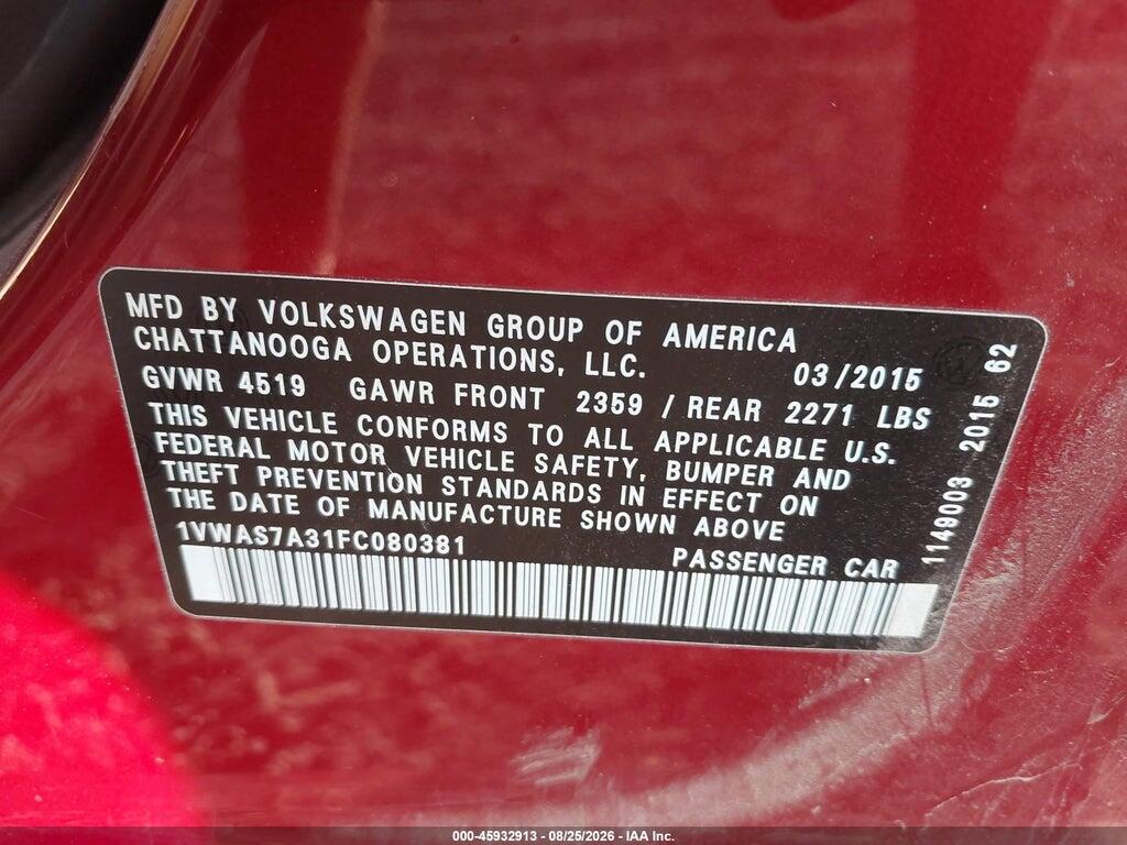 1VWAS7A31FC080381 2015 VOLKSWAGEN PASSAT photo no. 9