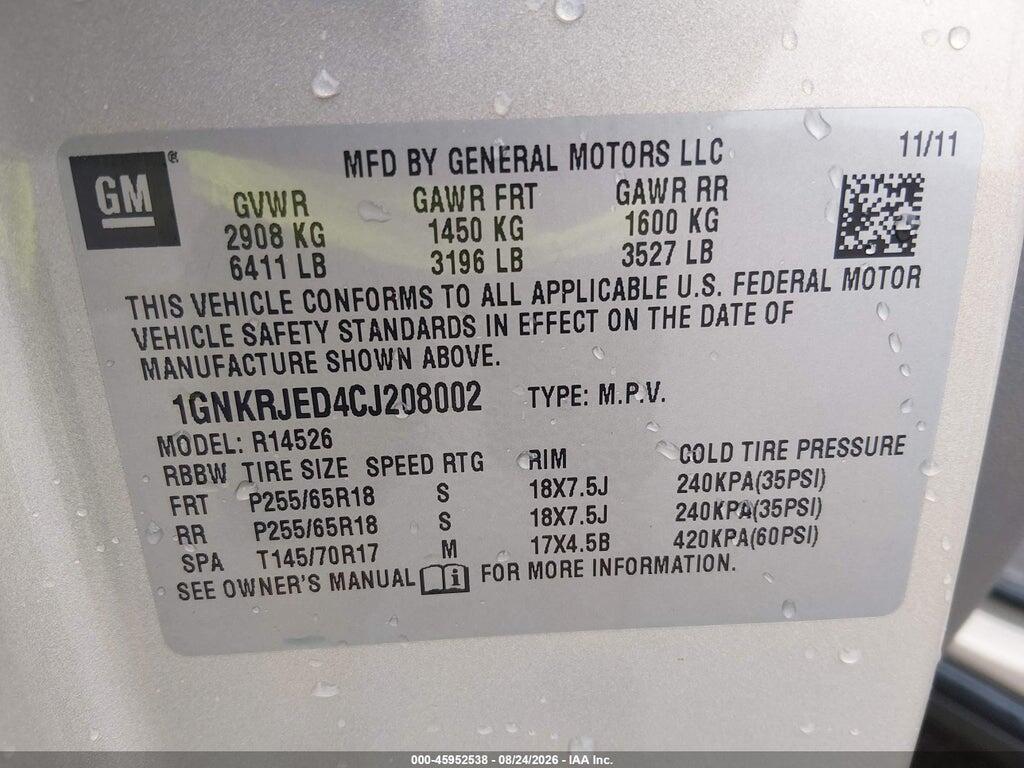 1GNKRJED4CJ208002 2012 CHEVROLET TRAVERSE photo no. 9