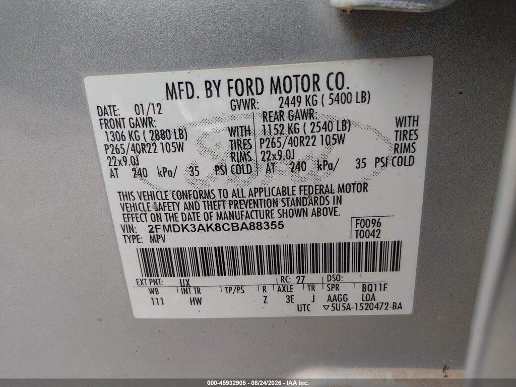 2FMDK3AK8CBA88355 2012 FORD EDGE photo no. 9