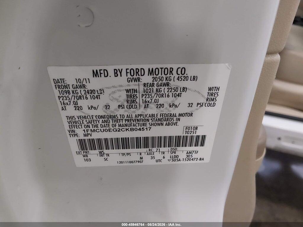 1FMCU0EG2CKB04517 2012 FORD ESCAPE photo no. 9
