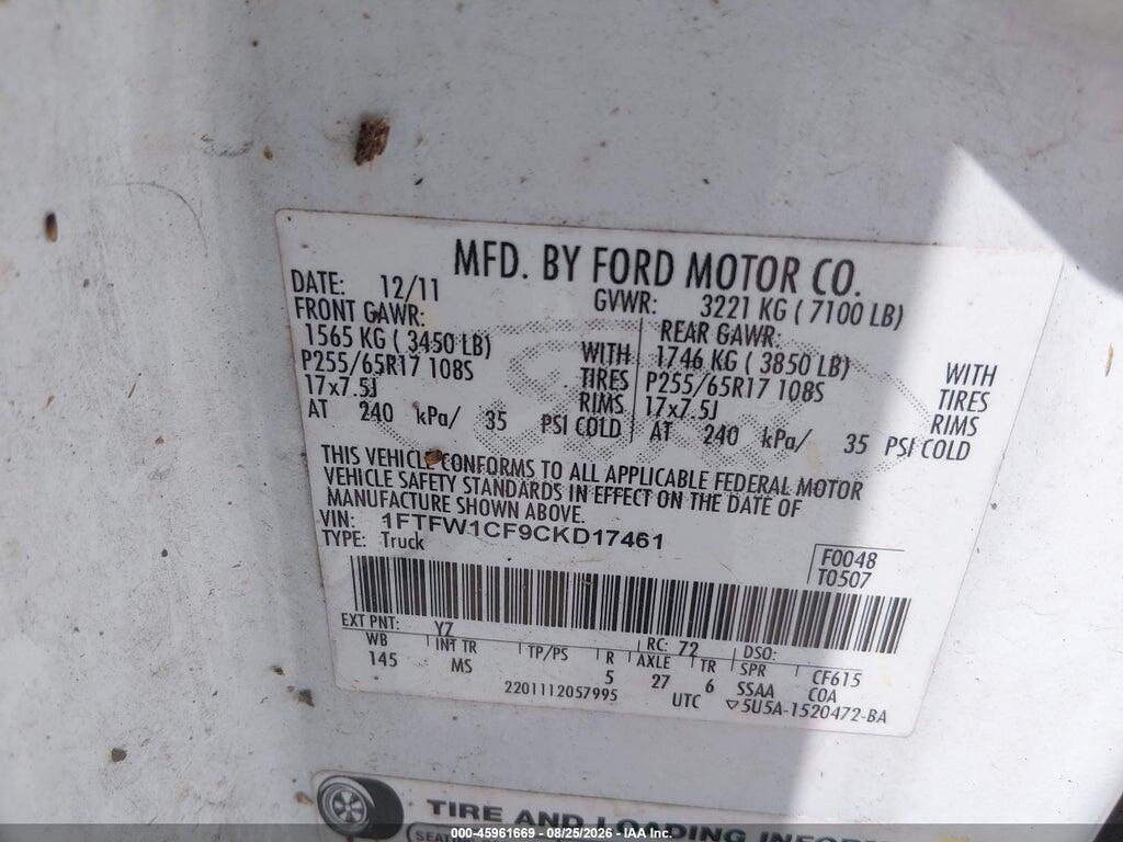 1FTFW1CF9CKD17461 2012 FORD F-150 photo no. 9