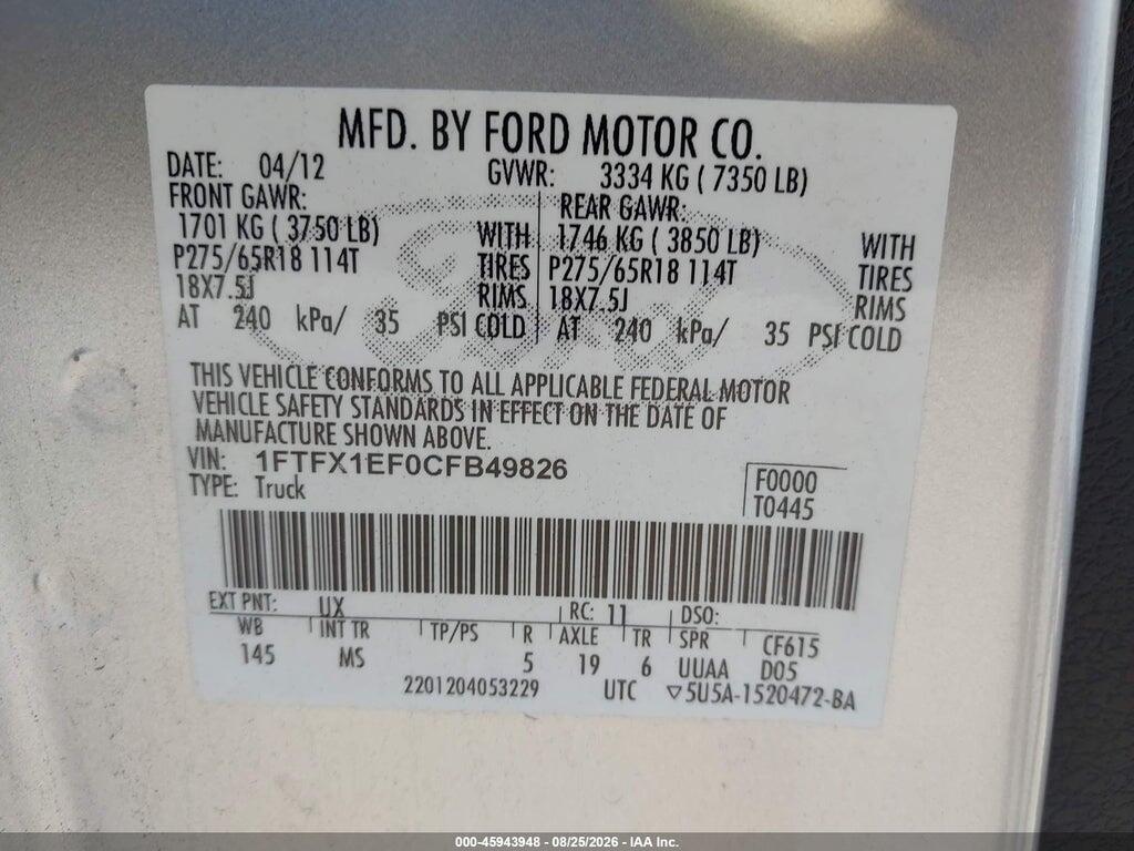 1FTFX1EF0CFB49826 2012 FORD F-150 photo no. 9