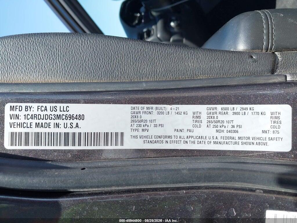 1C4RDJDG3MC696480 2021 DODGE DURANGO photo no. 9
