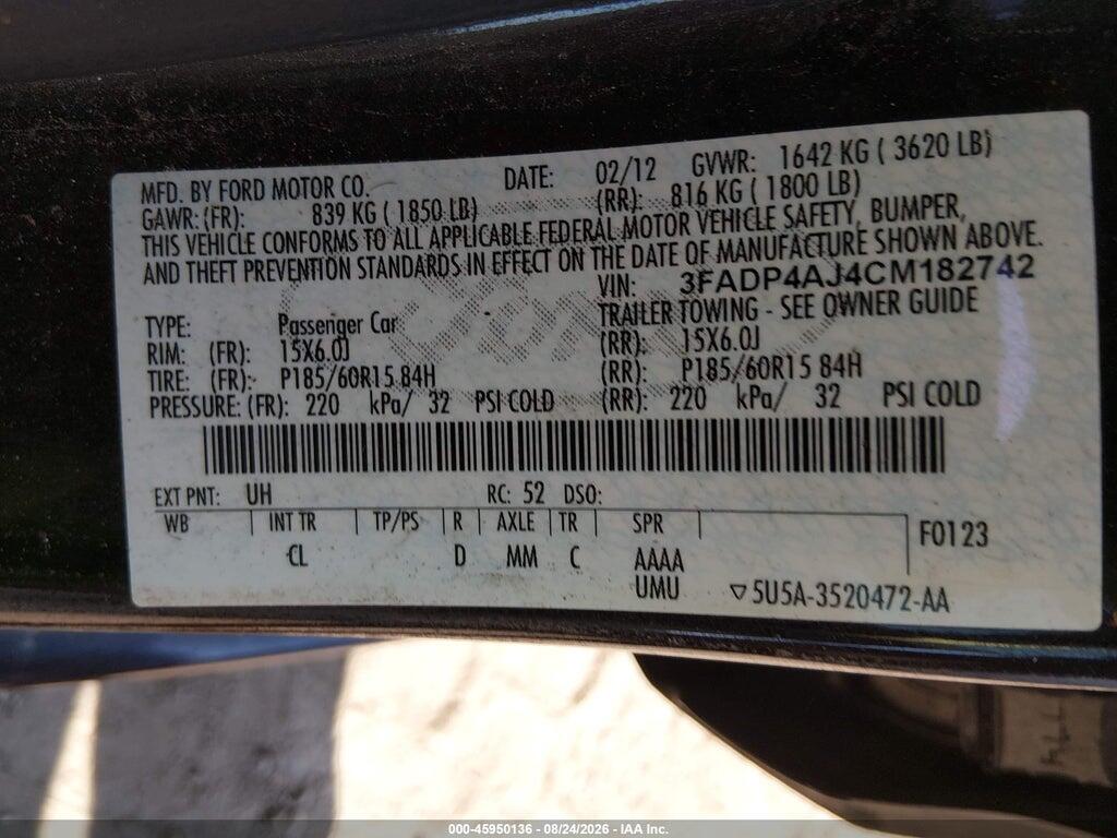 3FADP4AJ4CM182742 2012 FORD FIESTA photo no. 9