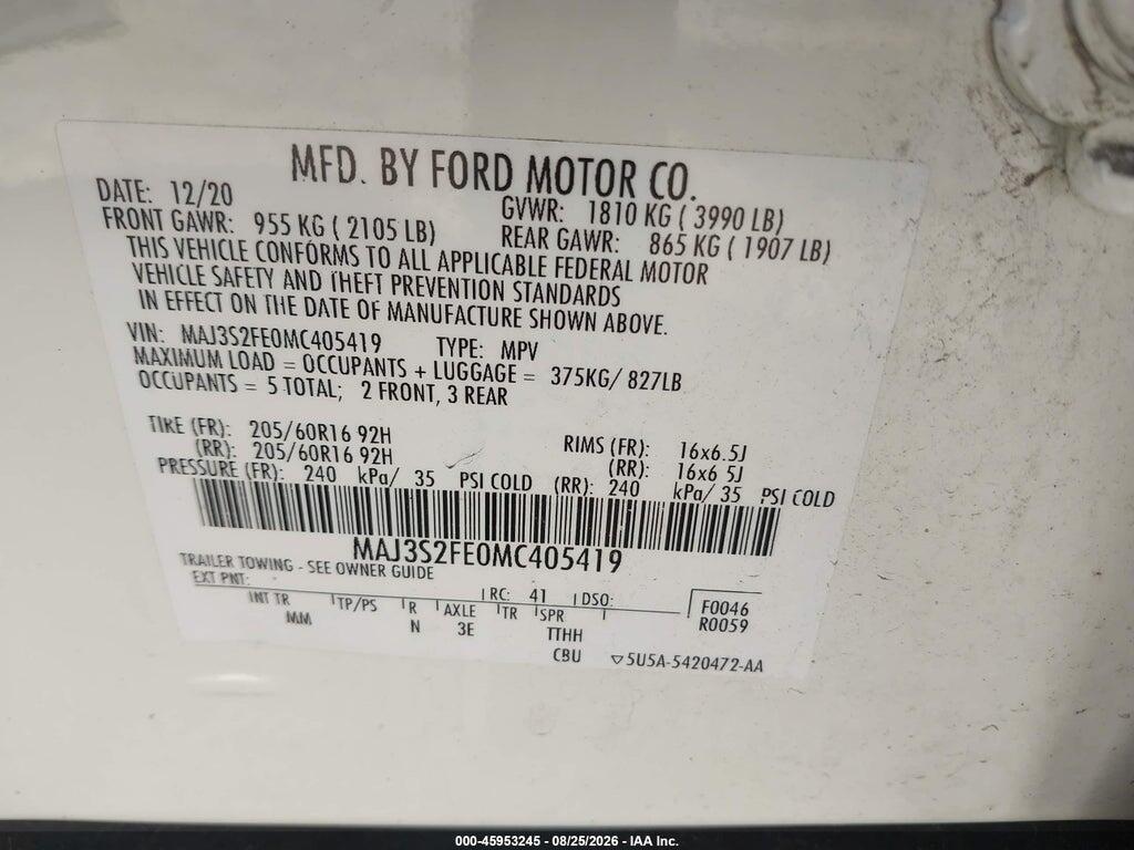 MAJ3S2FE0MC405419 2021 FORD ECOSPORT photo no. 9
