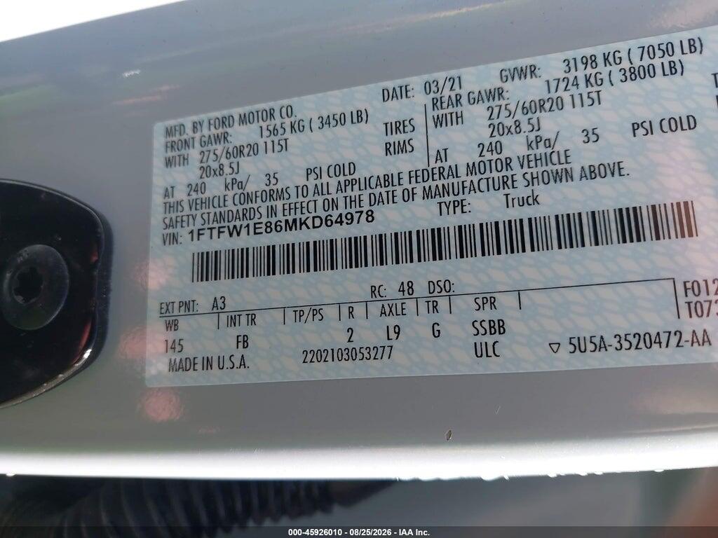 1FTFW1E86MKD64978 2021 FORD F-150 photo no. 9