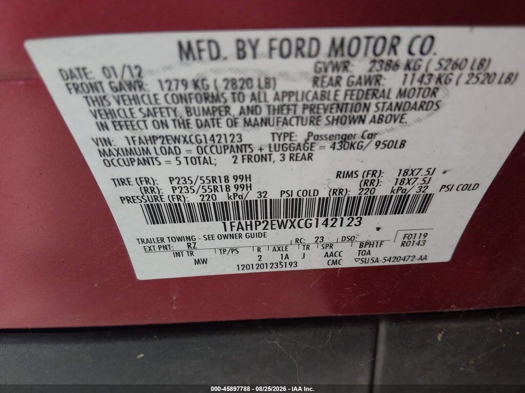 1FAHP2EWXCG142123 2012 FORD TAURUS photo no. 9