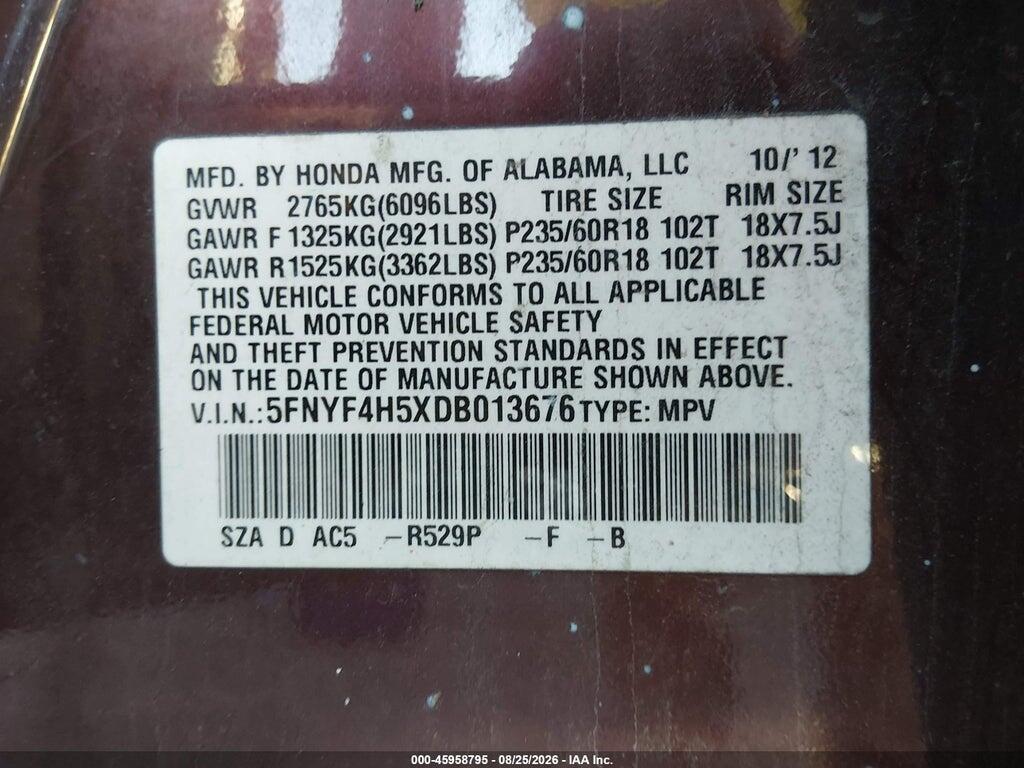 5FNYF4H5XDB013676 2013 HONDA PILOT photo no. 9