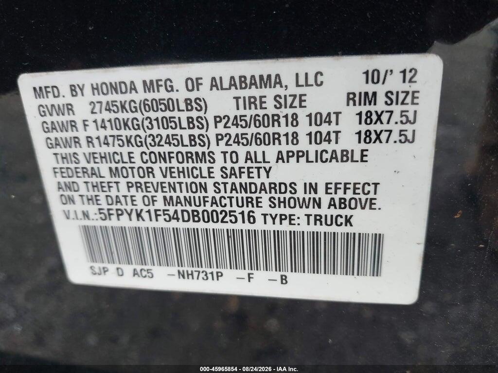 5FPYK1F54DB002516 2013 HONDA RIDGELINE photo no. 9