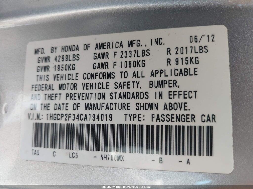 1HGCP2F34CA194019 2012 HONDA ACCORD SDN photo no. 9