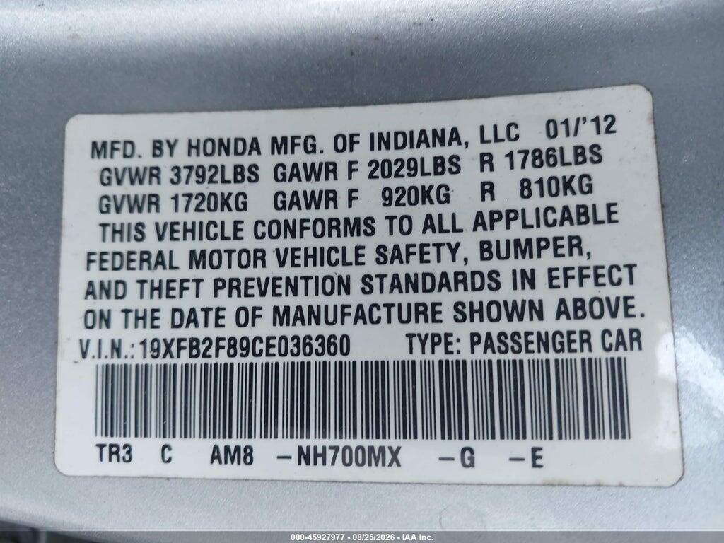 19XFB2F89CE036360 2012 HONDA CIVIC photo no. 9