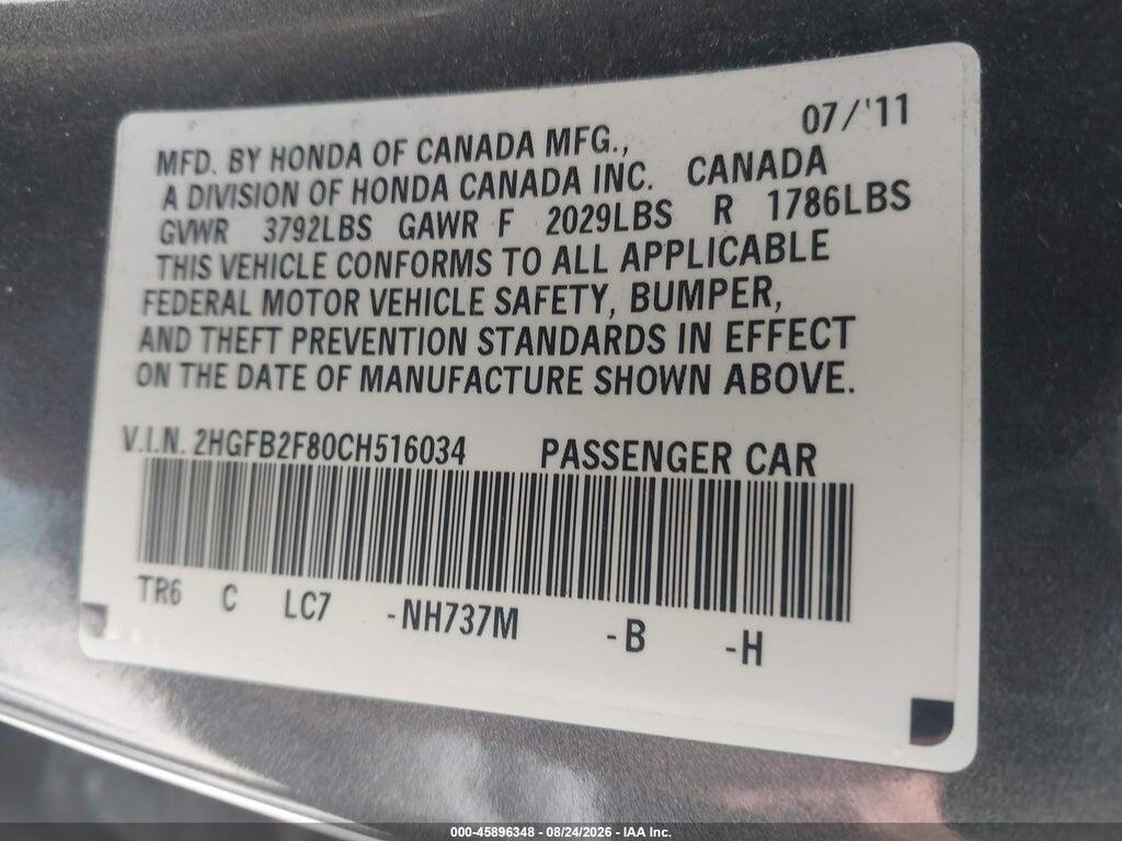 2HGFB2F80CH516034 2012 HONDA CIVIC photo no. 9