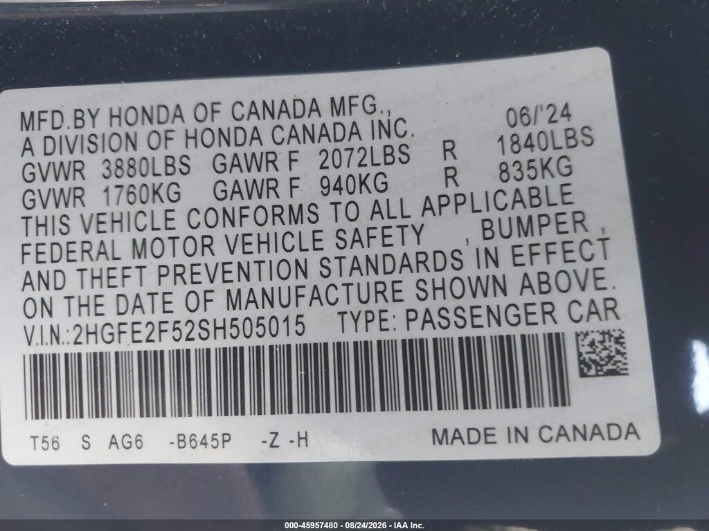 2HGFE2F52SH505015 2025 HONDA CIVIC photo no. 9