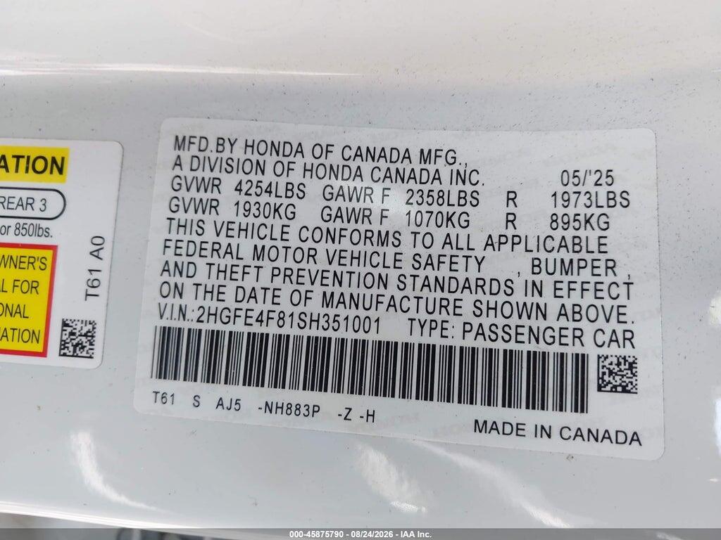 2HGFE4F81SH351001 2025 HONDA CIVIC HYBRID photo no. 9