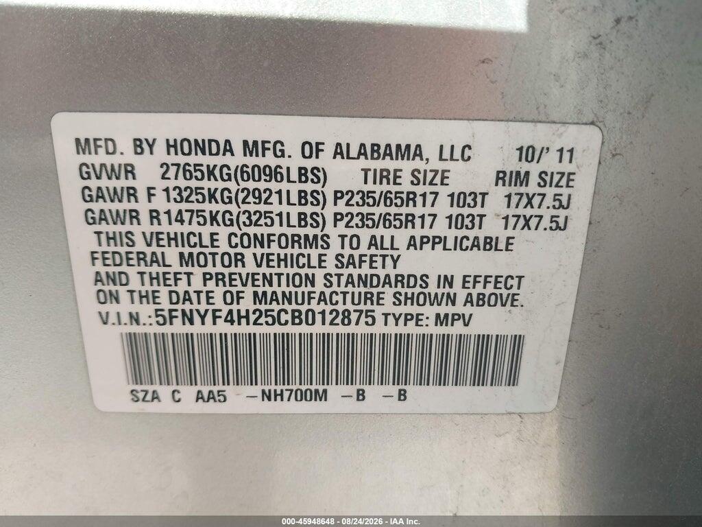 5FNYF4H25CB012875 2012 HONDA PILOT photo no. 9