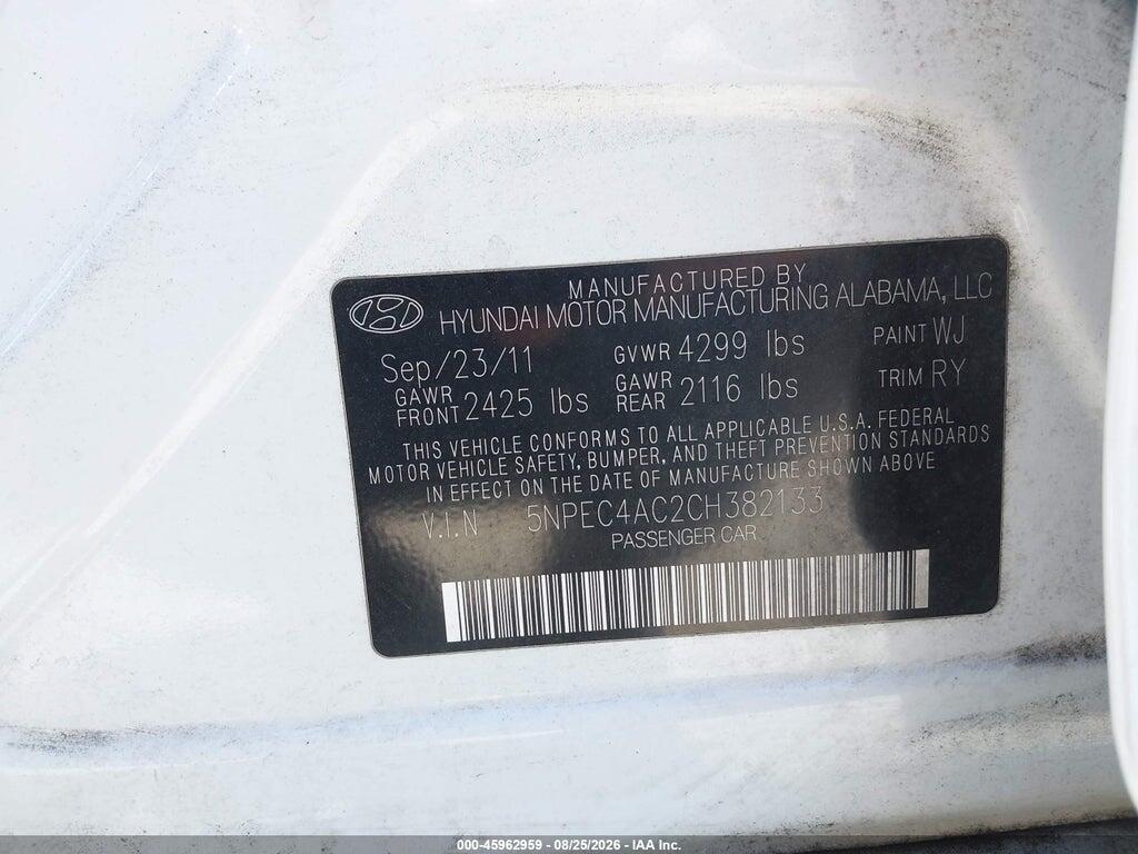5NPEC4AC2CH382133 2012 HYUNDAI SONATA photo no. 9