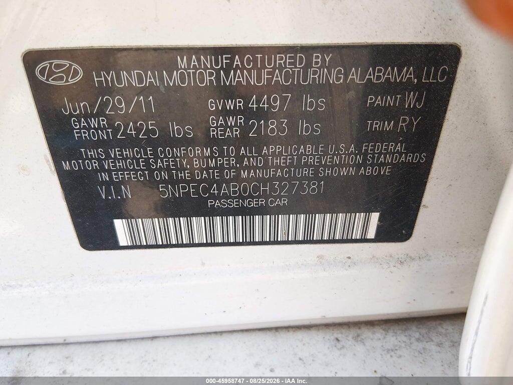 5NPEC4AB0CH327381 2012 HYUNDAI SONATA photo no. 9