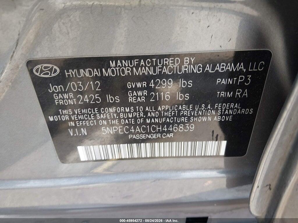 5NPEC4AC1CH446839 2012 HYUNDAI SONATA photo no. 9