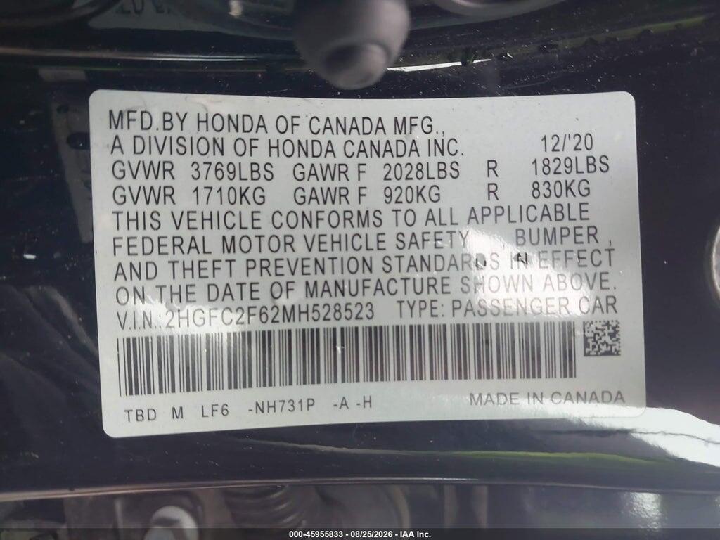 2HGFC2F62MH528523 2021 HONDA CIVIC photo no. 9