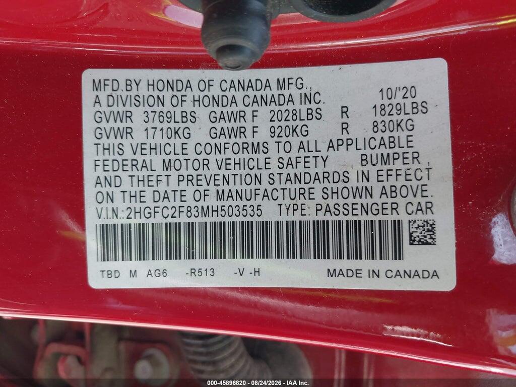 2HGFC2F83MH503535 2021 HONDA CIVIC photo no. 9