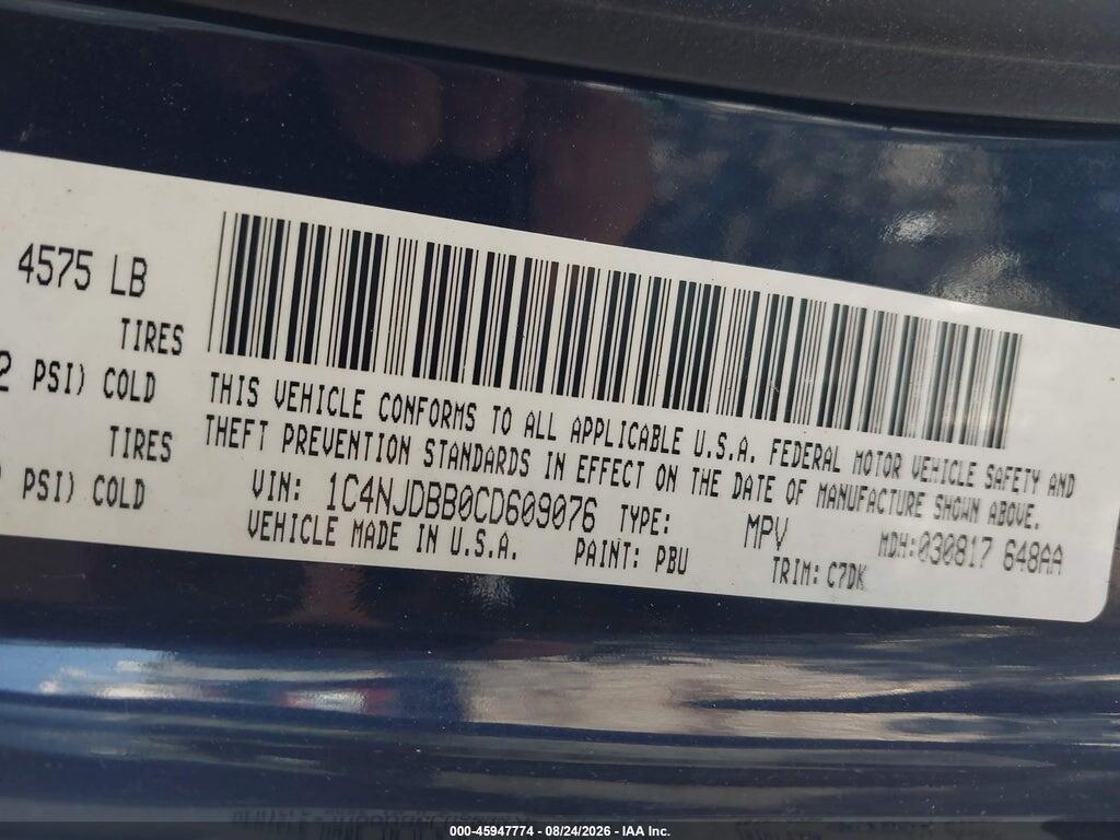 1C4NJDBB0CD609076 2012 JEEP COMPASS photo no. 9