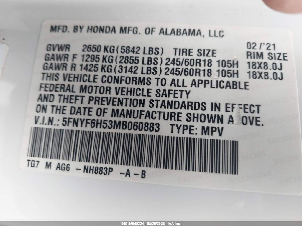 5FNYF6H53MB060883 2021 HONDA PILOT photo no. 9
