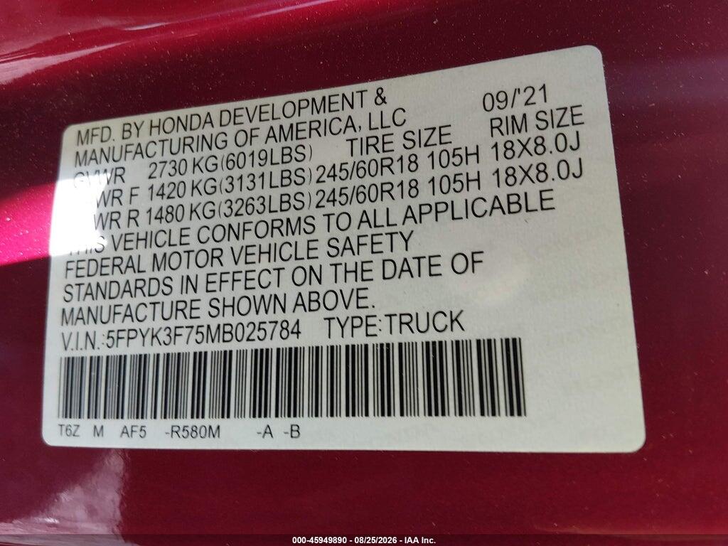 5FPYK3F75MB025784 2021 HONDA RIDGELINE photo no. 9