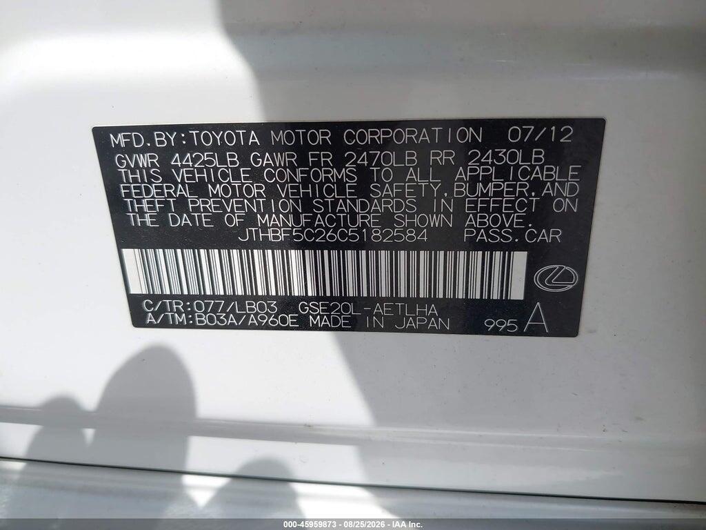 JTHBF5C26C5182584 2012 LEXUS IS 250 photo no. 9