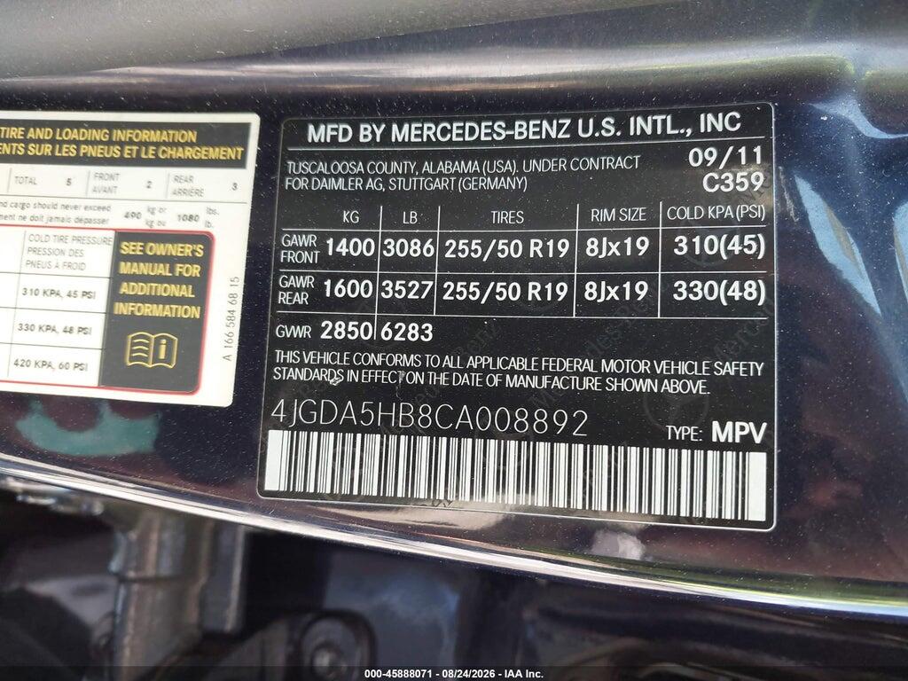 4JGDA5HB8CA008892 2012 MERCEDES-BENZ ML 350 photo no. 9